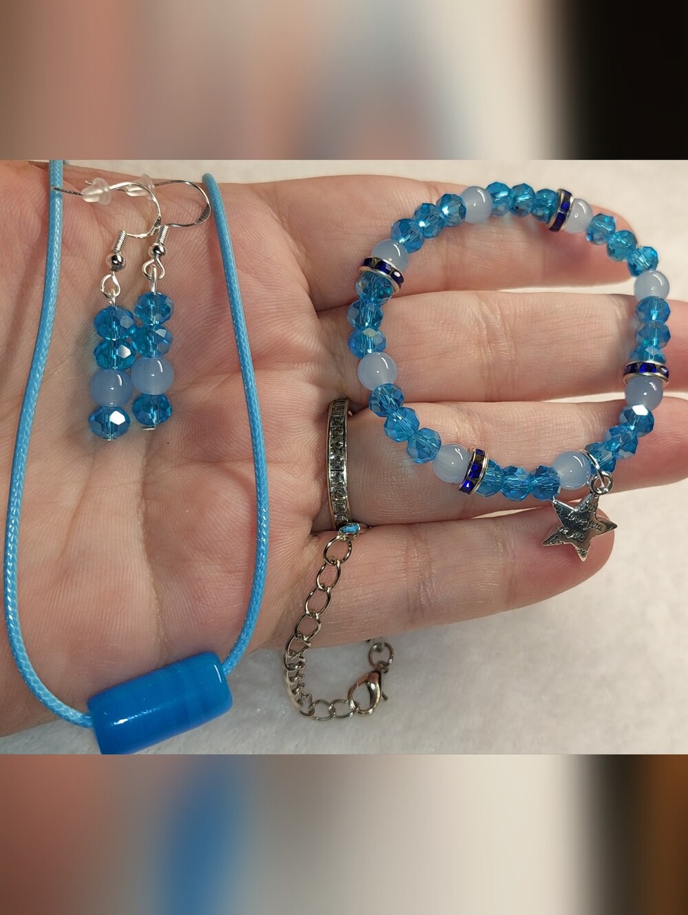 Handmade Blue Crystal Beaded Bracelet & Earrings Set with Glass Bead Necklace